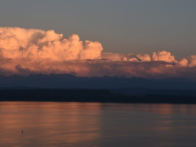 Von der Sonne schön beschienene Quellwolken über dem Berner Oberland.