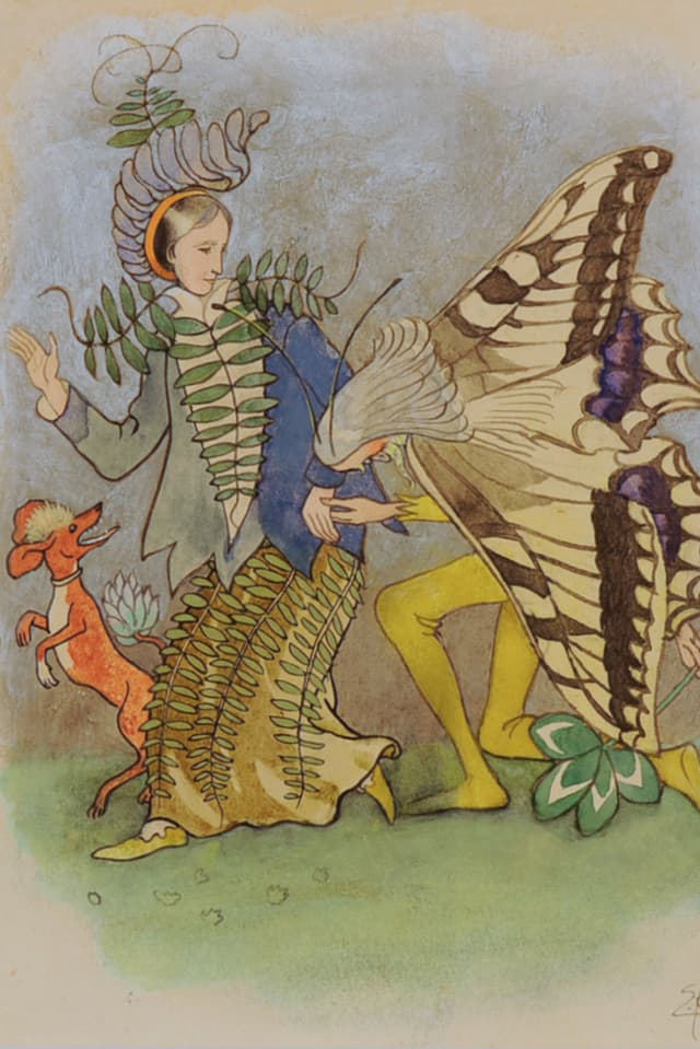 Gnom und Elfe, in Form von Pflanze und Falter. Gnom und Elfe, in Form von Pflanze und Falter.