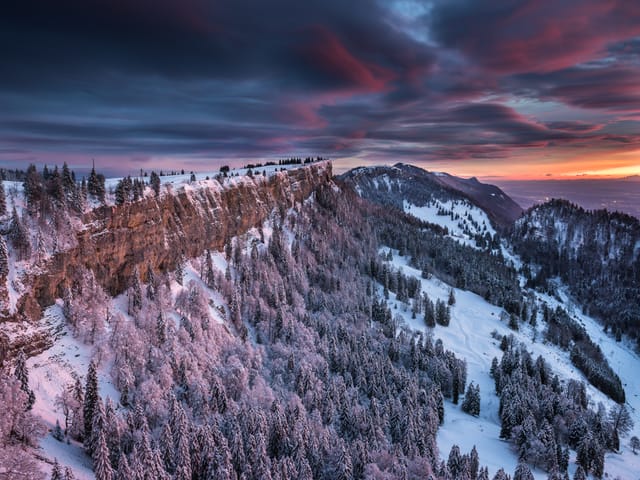 Die eingeschneite Jurakette mit den Felsen und Wäldern leuchtet rosa beim Sonnenaufgang. Der Himmel ist von dunklen Wolekn überzogen, die sich in der Morgensonne zum Teil rötlich färben.