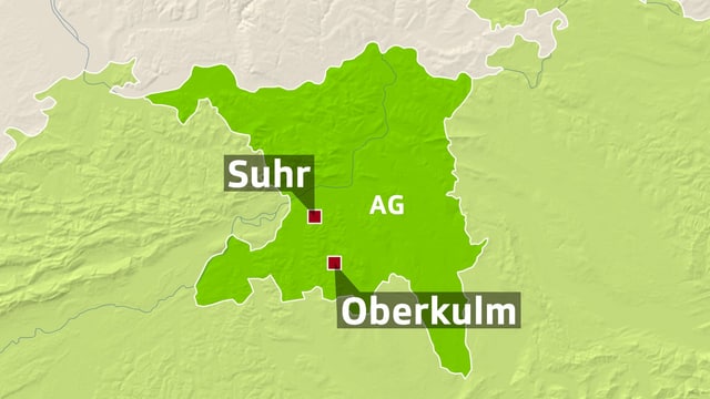 Karte mit zwei Orten markiert: Brugg und Oberkulm. Karte mit zwei Orten markiert: Brugg und Oberkulm.
