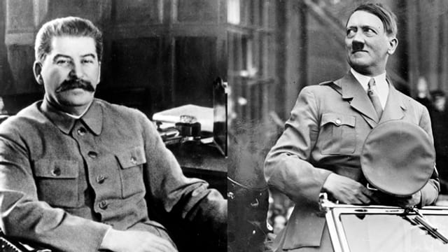 Ein zusammengeschnittenes Bild von Stalin (links) und Hitler. Ein zusammengeschnittenes Bild von Stalin (links) und Hitler.