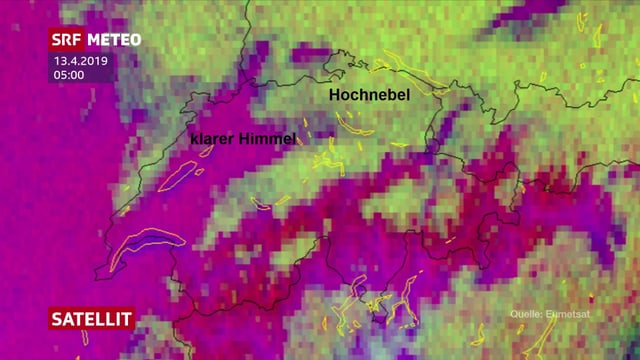 Satellitenbild mit Hochnebel in den Voralpen und im Osten. Satellitenbild mit Hochnebel in den Voralpen und im Osten.