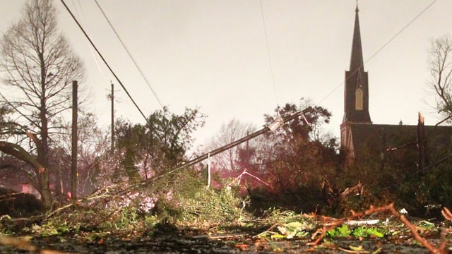 Umgestürzter Baum neben Kirche Umgestürzter Baum neben Kirche