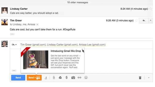 Screenshot von Gmail mit Micdrop funktion
