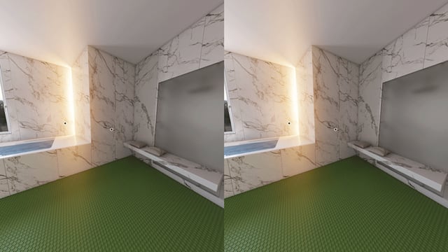 Das Bild eines Raumes in Virtual-Reality-Darstellung, das zwischen verschiedenen Bodenfarben und Wandmaterialien wechselt. Das Bild eines Raumes in Virtual-Reality-Darstellung, das zwischen verschiedenen Bodenfarben und Wandmaterialien wechselt.