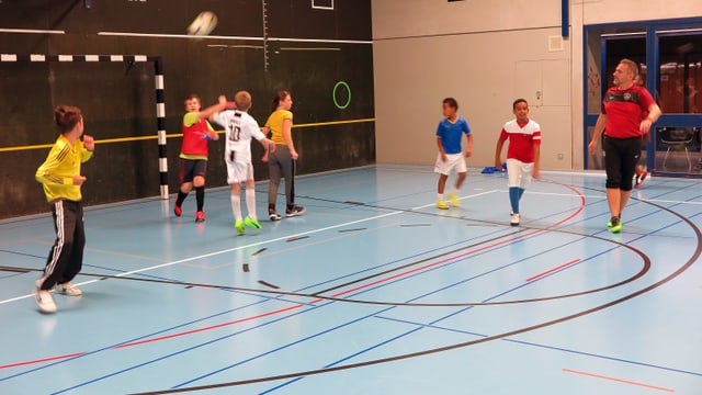 Sieben Kinder und ein Erwachsener spielen Fussball. Der Goalie wirft gerade aus. Sieben Kinder und ein Erwachsener spielen Fussball. Der Goalie wirft gerade aus.