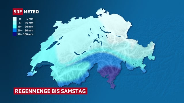 Eine Karte zeigt, wo in den kommenden Tagen wie viel Regen erwartet wird. Eine Karte zeigt, wo in den kommenden Tagen wie viel Regen erwartet wird.