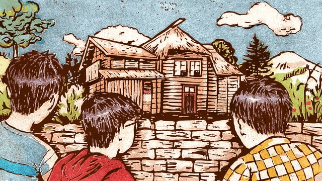 3 Kinder schauen in Richtung einer Holzhütte 3 Kinder schauen in Richtung einer Holzhütte