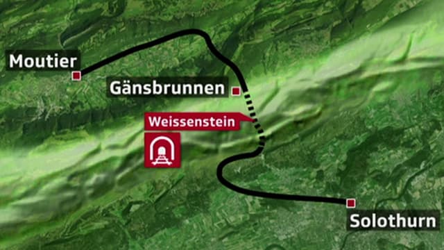 Die Bahnlinie von Solothurn nach Moutier, dargestellt auf einem Satellitenbild Die Bahnlinie von Solothurn nach Moutier, dargestellt auf einem Satellitenbild