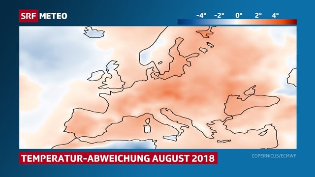 Rötliche Farbläche auf der Europakarte stellen die Temperaturabweichungen dar. Rötliche Farbläche auf der Europakarte stellen die Temperaturabweichungen dar.