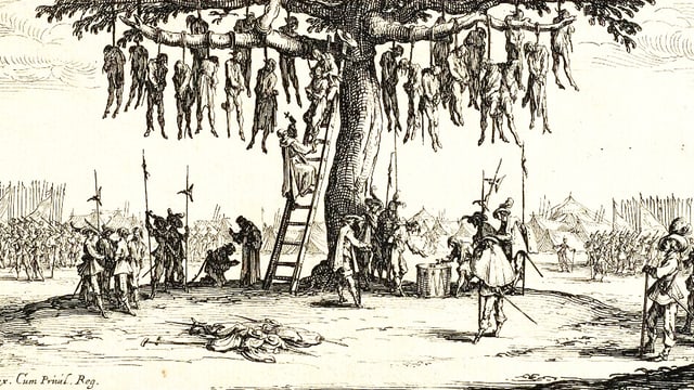 Zeichnung eines grossen Baumes, an dessen Äste zahlreiche Menschen erhängt werden. Zeichnung eines grossen Baumes, an dessen Äste zahlreiche Menschen erhängt werden.