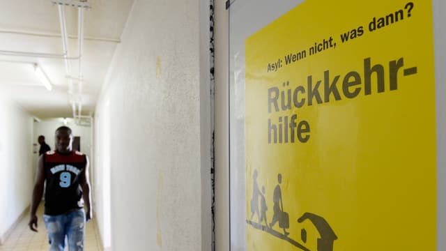 Ein Plakat hängt im Gang eines Asylzentrums in Zürich mit dem Titel "Rückkehrhilfe". Ein Plakat hängt im Gang eines Asylzentrums in Zürich mit dem Titel "Rückkehrhilfe".
