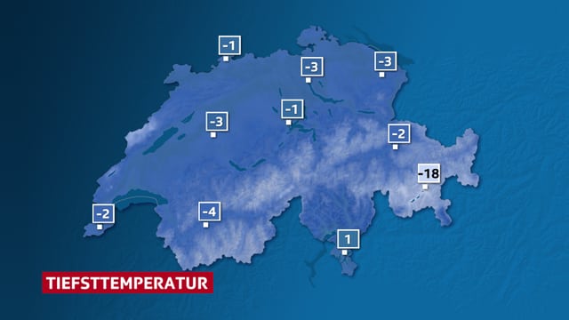 Eine Schweizer Karte mit den Temperaturtiefstwerten der kommenden Nacht. Einzig im Tessin liegen mit +1 Grad die Tiefsttemperaturen über dem Gefrierpunkt. Eine Schweizer Karte mit den Temperaturtiefstwerten der kommenden Nacht. Einzig im Tessin liegen mit +1 Grad die Tiefsttemperaturen über dem Gefrierpunkt.