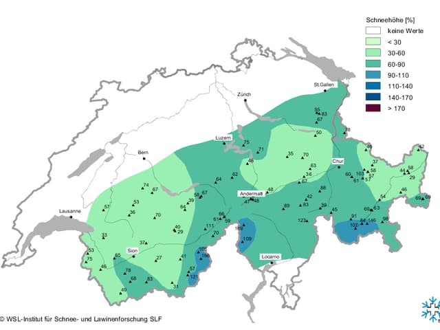 Schweizer Karte der Schneehöhe im Vergleich zum langjährigen Mittel Schweizer Karte der Schneehöhe im Vergleich zum langjährigen Mittel