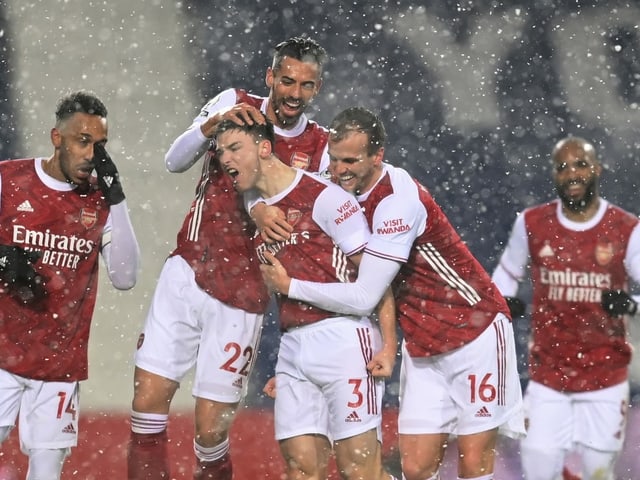 Verteidiger Kieran Tierney bejubelt sein 2. Tor innert 7 Tagen. Verteidiger Kieran Tierney bejubelt sein 2. Tor innert 7 Tagen.
