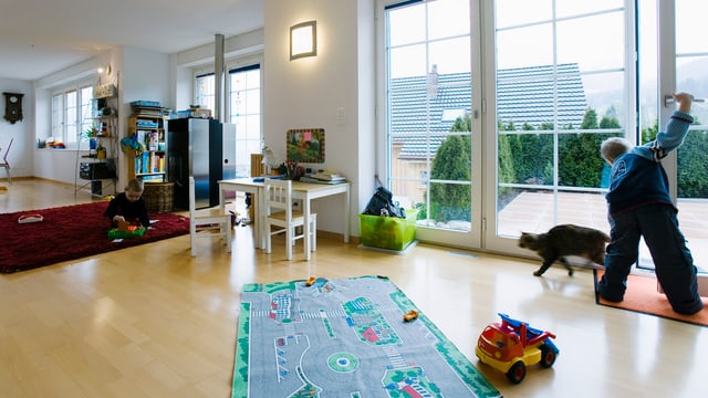 Kind in moderner Wohnung öffnet Fenster und lässt Katze hinein. Kind in moderner Wohnung öffnet Fenster und lässt Katze hinein.