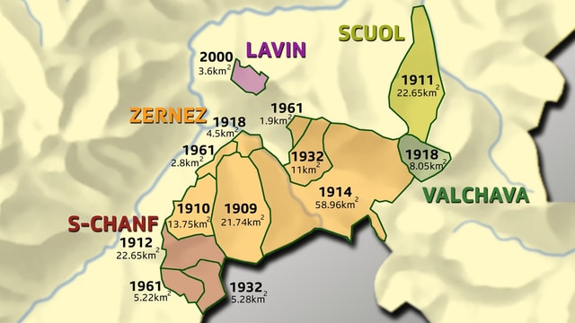 Carta istorica cun regiuns marcadas ed indicaziuns cura che questas regiuns han cumenzà a far part dal Parc Naziunal Svizzer. Carta istorica cun regiuns marcadas ed indicaziuns cura che questas regiuns han cumenzà a far part dal Parc Naziunal Svizzer.