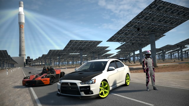 Ein KTM X-Bow und ein Evo mit stolzem Fahrer daneben vor einem Solarkraftwerk. Ein KTM X-Bow und ein Evo mit stolzem Fahrer daneben vor einem Solarkraftwerk.