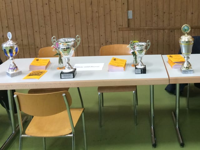 Vier Pokale stehen auf einem Tisch