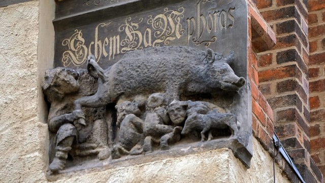 Ein Relief einer Sau an einer Kirche. Ein Relief einer Sau an einer Kirche.
