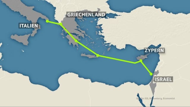 Die Pipeline führt von Israel via Zypern und Griechenland nach Italien. Die Pipeline führt von Israel via Zypern und Griechenland nach Italien.