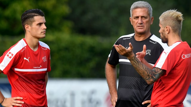 Vladimir Petkovic (Mitte) im Gespräch mit Valon Behrami (rechts) und Granit Xhaka (links). Vladimir Petkovic (Mitte) im Gespräch mit Valon Behrami (rechts) und Granit Xhaka (links).