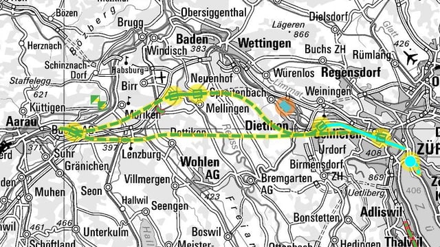 Kartenausschnitt mit eingezeichneten Linienführungen Kartenausschnitt mit eingezeichneten Linienführungen