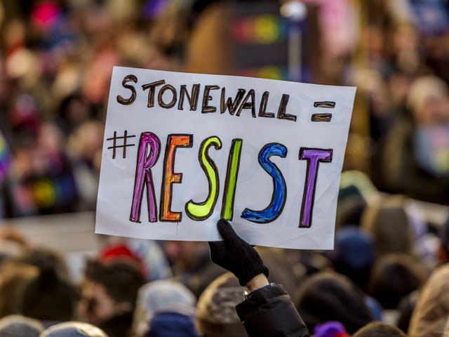 Eine Demonstration - jemand hält ein Schild hoch auf dem steht "Stonewall = Resist"