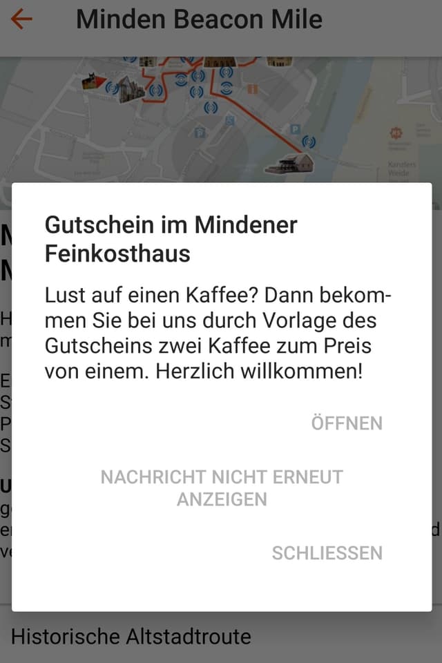 Screenshot der Minden App: Gutschein für zwei Kaffee zum Preis von einem im Mindener Feinkosthaus. Screenshot der Minden App: Gutschein für zwei Kaffee zum Preis von einem im Mindener Feinkosthaus.