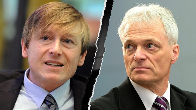 Porträts von Stefan Meierhans und Thomas Minder nebeneinander. Porträts von Stefan Meierhans und Thomas Minder nebeneinander.