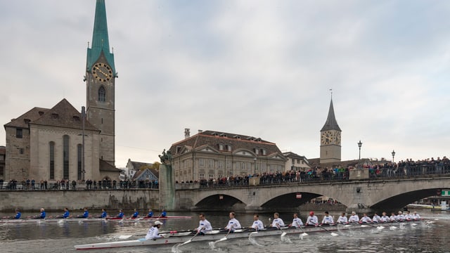 Zwei Ruderboote fahren parallel auf der Limmat, im Hintergrund eine Brücke vollgestopft mit Menschen. Zwei Ruderboote fahren parallel auf der Limmat, im Hintergrund eine Brücke vollgestopft mit Menschen.