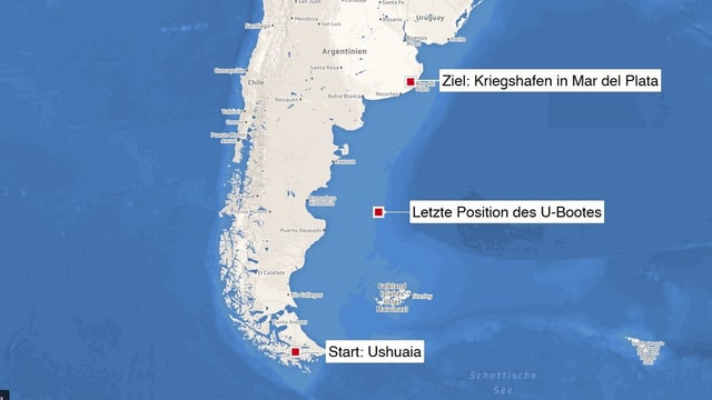 Karte mit drei Punkten, die zeigen: Startpunkt, Ort des letzten Kontakts und Zielhafen. Karte mit drei Punkten, die zeigen: Startpunkt, Ort des letzten Kontakts und Zielhafen.