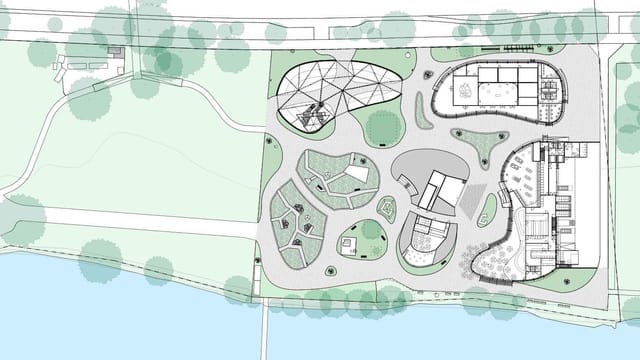 Auf einer Karte ist skizziert, wo im Erlebnisgarten Bühnen, Pavillons oder GRünflächen geplant sind. Auf einer Karte ist skizziert, wo im Erlebnisgarten Bühnen, Pavillons oder GRünflächen geplant sind.