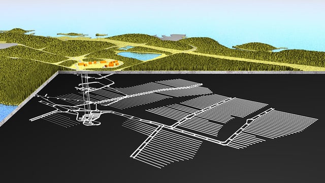 Schematische Darstellung des Stollennetzwerks von Olkiluoto, das rund 70 km Länge betragen wird. Schematische Darstellung des Stollennetzwerks von Olkiluoto, das rund 70 km Länge betragen wird.