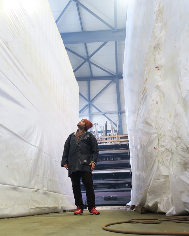 Ein Mann steht zwischen zwei grossen Plastikgebilden. Ein Mann steht zwischen zwei grossen Plastikgebilden.