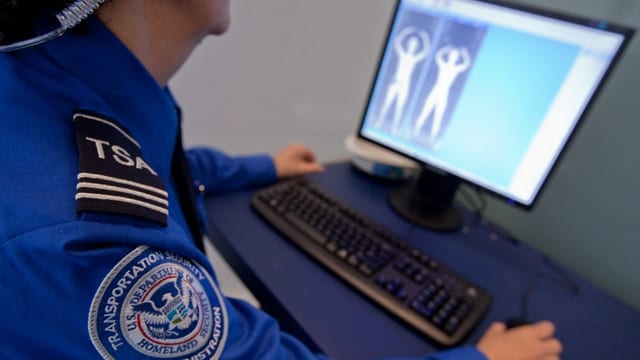 Ein Grenzbeamter studiert auf dem Bildschirm ein Röntgenbild eines Bodyscanners. Ein Grenzbeamter studiert auf dem Bildschirm ein Röntgenbild eines Bodyscanners.