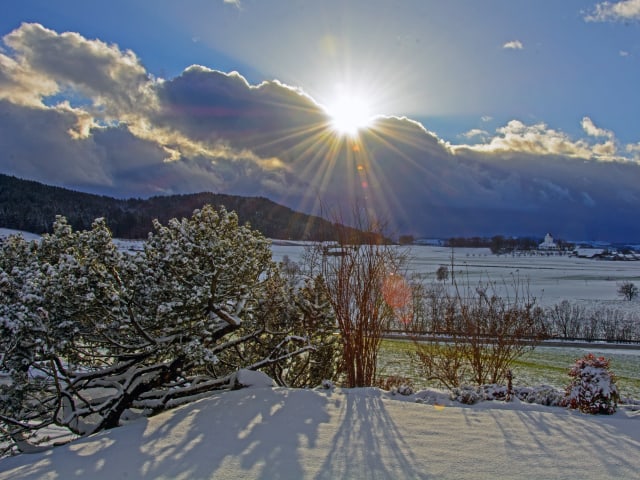 Der Garten ist mit einem Flaum Neuschnee bedeckt. Vorübegehend scheint die Sonne, der nächste Schneeschauer steht aber bereits am Horizont.