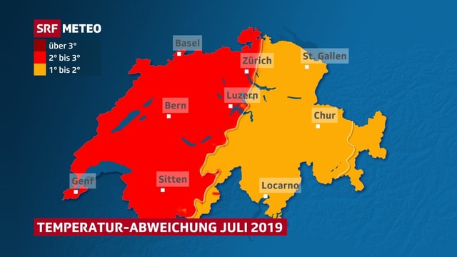 Schweizer Karte, die Temperaturabweichung für den Juli 2019 zeigt. Schweizer Karte, die Temperaturabweichung für den Juli 2019 zeigt.