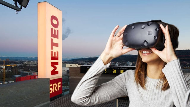 Frau mit VR-Brille auf dem Meteo-Dach Frau mit VR-Brille auf dem Meteo-Dach