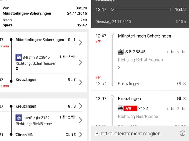 Screenshot der neuen und alten SBB-App: Abfrage des Fahrplans. Screenshot der neuen und alten SBB-App: Abfrage des Fahrplans.