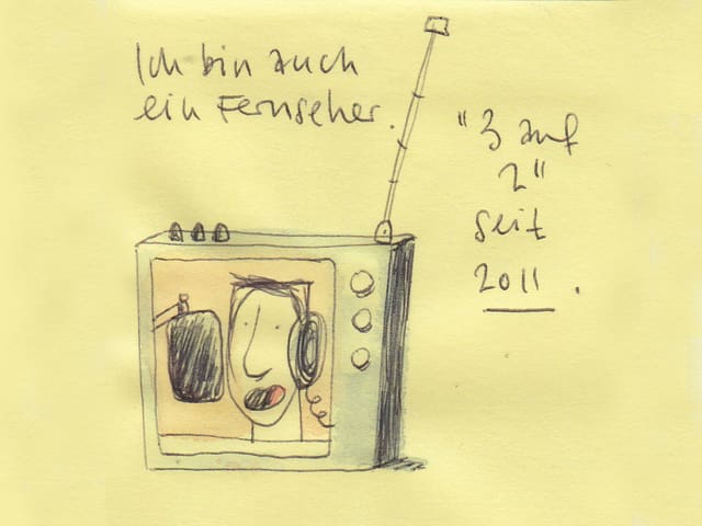 Zu sehen ist ein gezeichneter Fernseh-Bildschirm. Im Bild: Ein Radio-Moderator vor dem Mikrofon. Dazu der handschriftliche Schriftzug: Ich bin auch ein Fernseher.