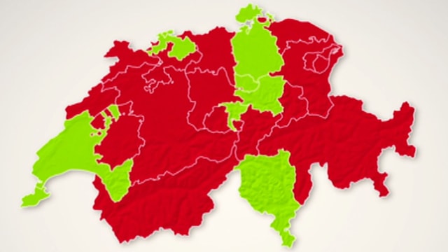 Schweizer Karte mit rot und grün eingefärbten Kantonen. Schweizer Karte mit rot und grün eingefärbten Kantonen.