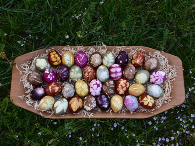 Osternest mit gefärbten Hühnereier