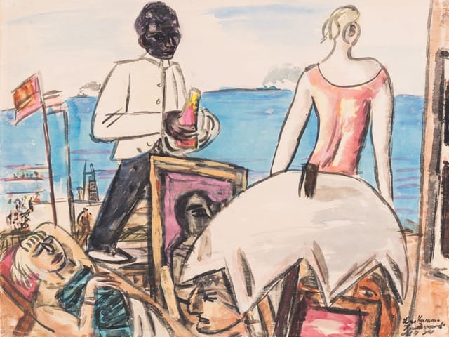 Figuren am Strand.