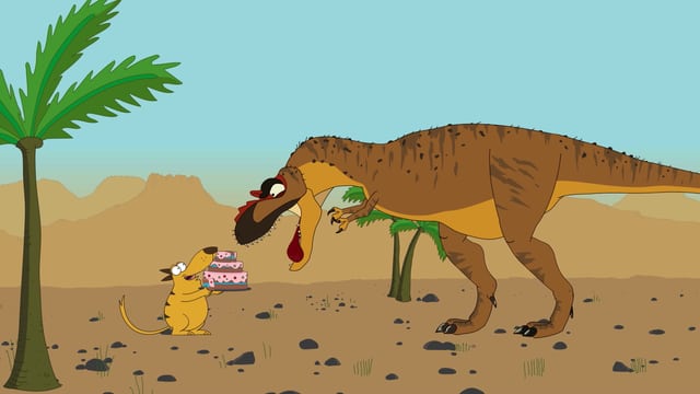 Ein kleines Tier streckt einem grossen Dinosaurier eine Torte hin. Ein kleines Tier streckt einem grossen Dinosaurier eine Torte hin.