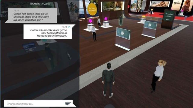 Avatar steht vor einem Messestand, Verkäuferin daneben Avatar steht vor einem Messestand, Verkäuferin daneben