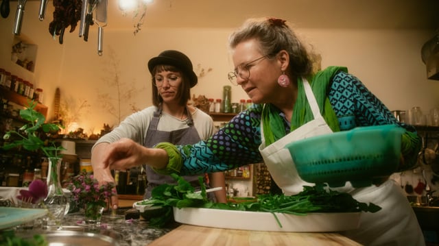 Rebecca Clopath und Kräuter- und Wildpflanzen-Koryphäe Meret Bissegger in der Küche. Rebecca Clopath und Kräuter- und Wildpflanzen-Koryphäe Meret Bissegger in der Küche.