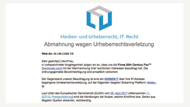 Auszug aus Betrugsmail mit dem Titel «Abmahnung wegen Urheberrechtsverletzung». Auszug aus Betrugsmail mit dem Titel «Abmahnung wegen Urheberrechtsverletzung».