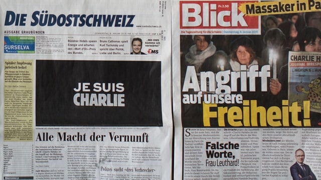 Zwei Printmedien nach dem Anschlag in Paris. Zwei Printmedien nach dem Anschlag in Paris.