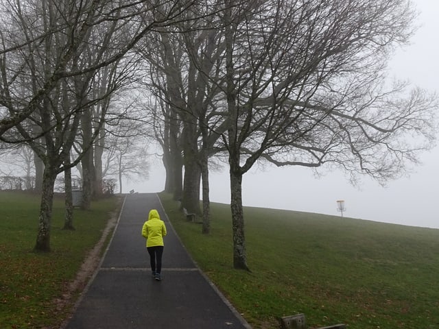 Mensch mit Regenschutz spaziert einen Weg hinauf. Dieser ist feucht, darum herum Nebel und Bäume. Die Sicht ist schlecht. Mensch mit Regenschutz spaziert einen Weg hinauf. Dieser ist feucht, darum herum Nebel und Bäume. Die Sicht ist schlecht.